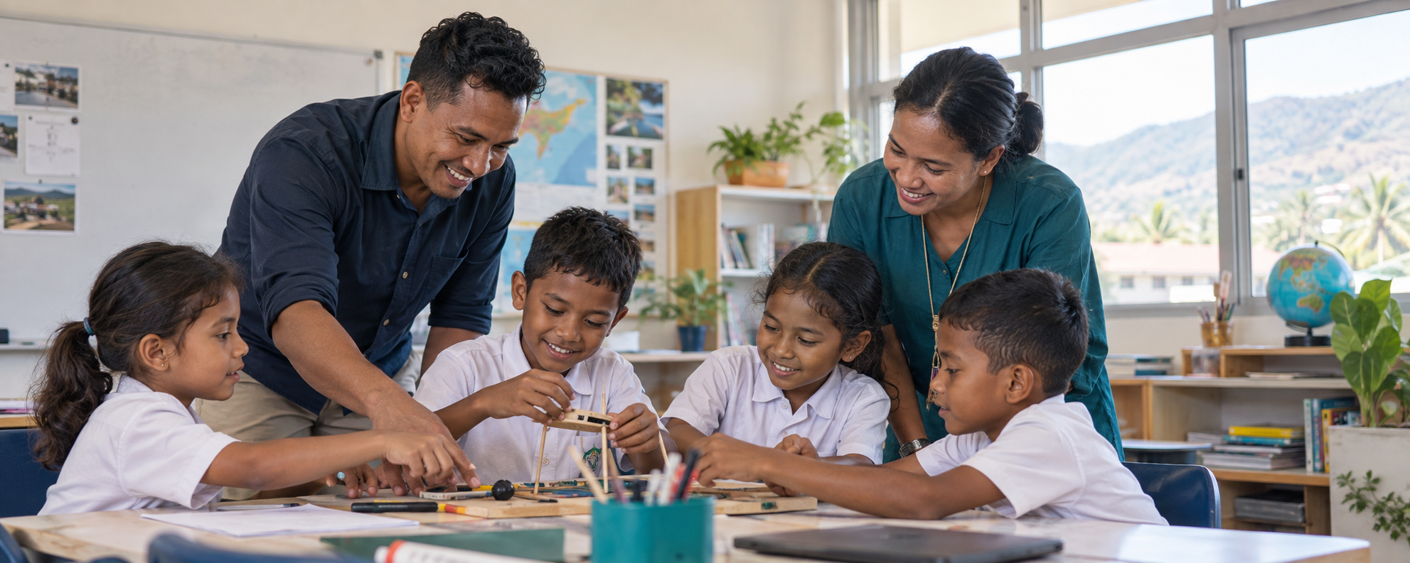 Educators and students collaborating in a Pelican Grammar School classroom
