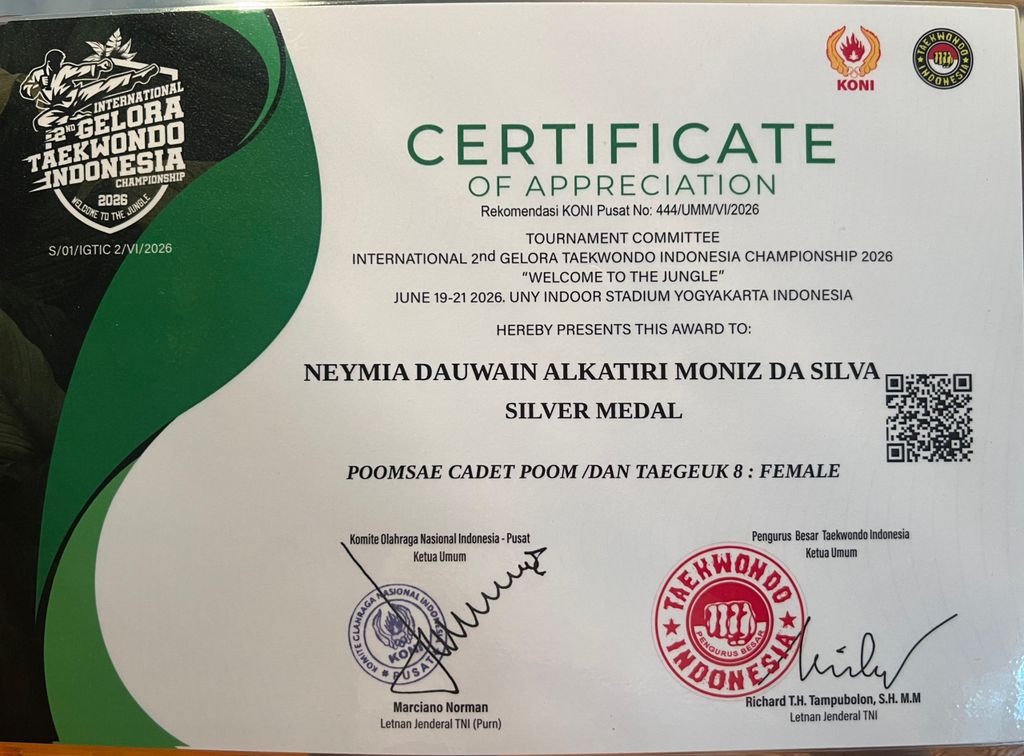Neymia's Silver Medal certificate for Poomsae Cadet Poom and Dan Taegeuk 8 Female